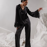 RACHEL xорний шовковий піжамний комплект з пір'ям