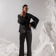 RACHEL xорний шовковий піжамний комплект з пір'ям