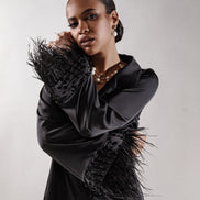 RACHEL xорний шовковий піжамний комплект з пір'ям