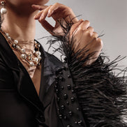 RACHEL xорний шовковий піжамний комплект з пір'ям