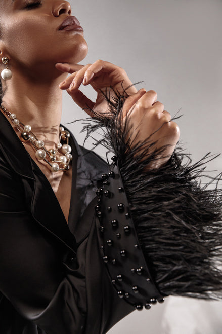 RACHEL xорний шовковий піжамний комплект з пір'ям