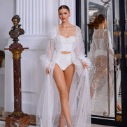 TIFFANY прозорий халат з пір'ям, блискітками та перлами