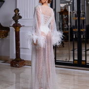 TIFFANY прозорий халат з пір'ям, блискітками та перлами