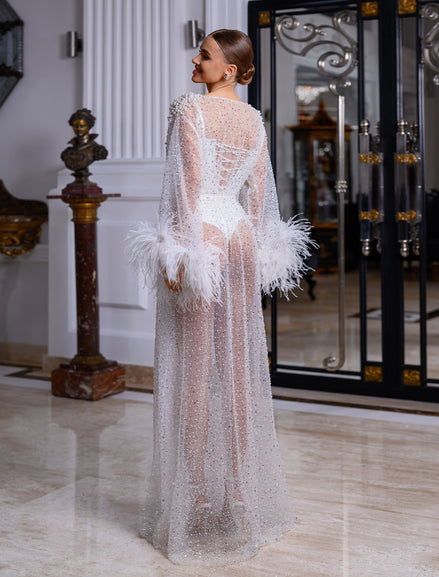 TIFFANY прозорий халат з пір'ям, блискітками та перлами
